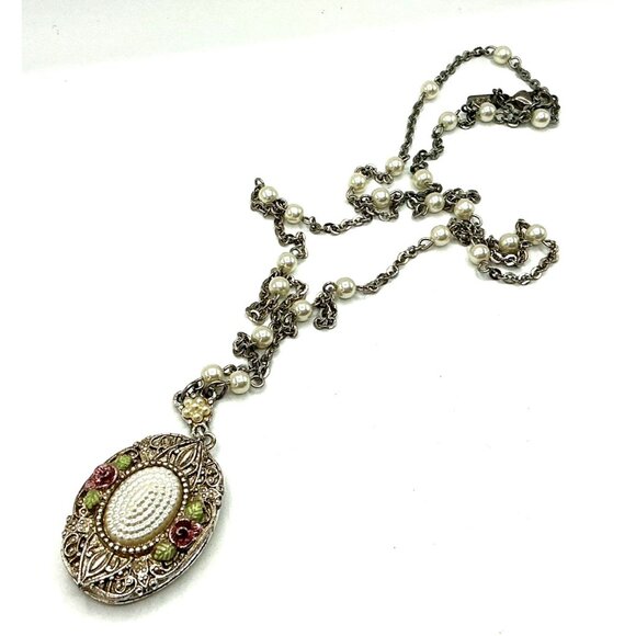 1928 Jewelry - Vintage-Style Oval Locket Necklace With Faux Pearls and Floral Accents